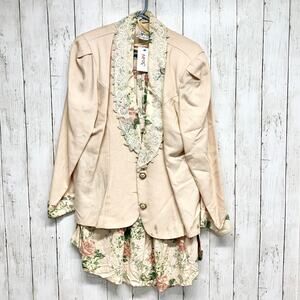 Vtg Linda Hutley Set Women Chest 35" Floral Button Front Suit Jacket Pleat Skirt